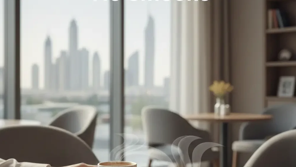 A closed nicotine pouch can sits discreetly on a wooden café table next to a coffee cup in a modern Dubai setting, featuring a blurred skyline background and a "no smoke" icon to indicate low odor.