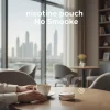 A closed nicotine pouch can sits discreetly on a wooden café table next to a coffee cup in a modern Dubai setting, featuring a blurred skyline background and a "no smoke" icon to indicate low odor.