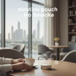 A closed nicotine pouch can sits discreetly on a wooden café table next to a coffee cup in a modern Dubai setting, featuring a blurred skyline background and a "no smoke" icon to indicate low odor.