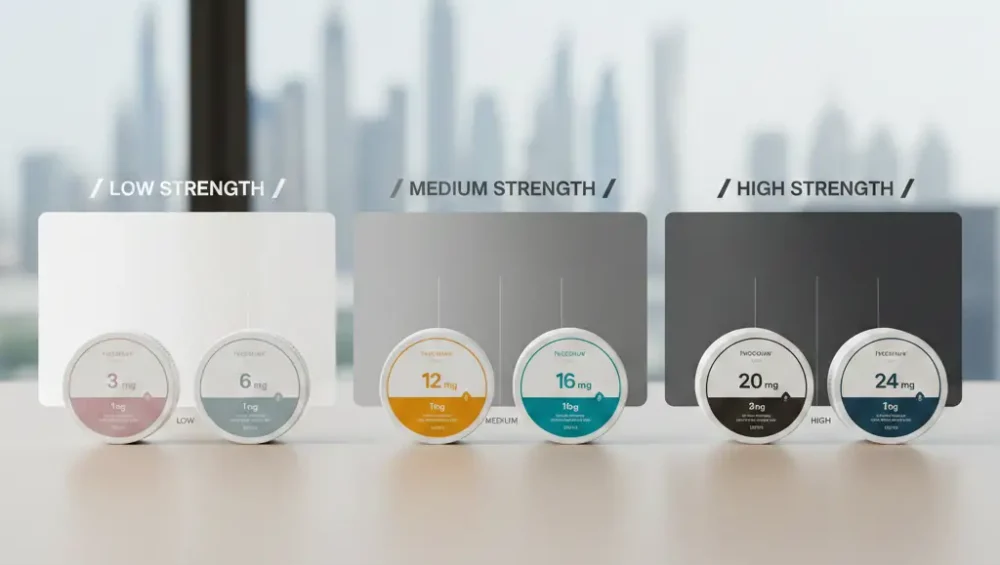 A professional product display of nicotine pouch cans categorized into Low, Medium, and High strength sections with a faint Dubai skyline background.