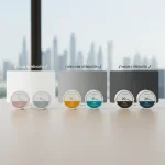 A professional product display of nicotine pouch cans categorized into Low, Medium, and High strength sections with a faint Dubai skyline background.