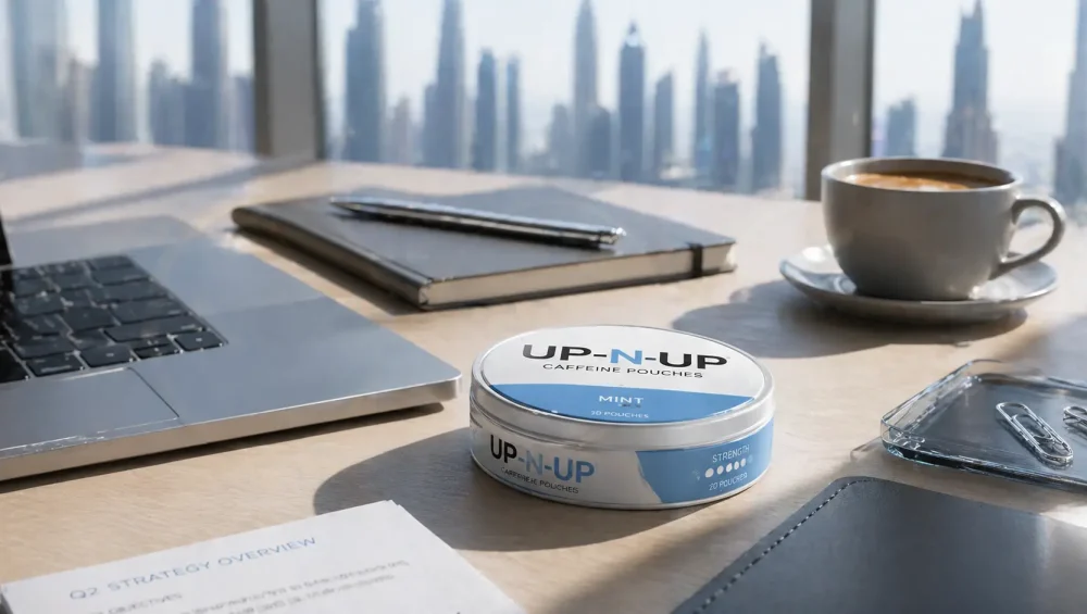 UP-N-UP caffeine pouch tin on office desk in Dubai with coffee cup in background