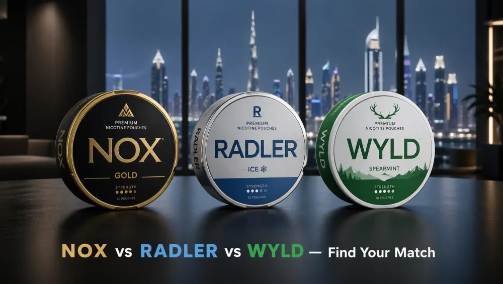 NOX, RADLER, and WYLD nicotine pouch cans side by side comparison for UAE buyers