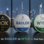 NOX, RADLER, and WYLD nicotine pouch cans side by side comparison for UAE buyers